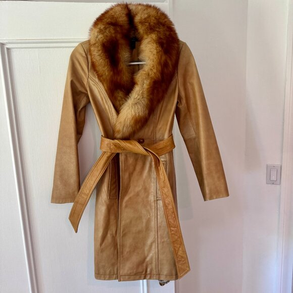 VINTAGE LUXE Arden B Leather Fur Collar Belted Trench - Picture 3 of 12